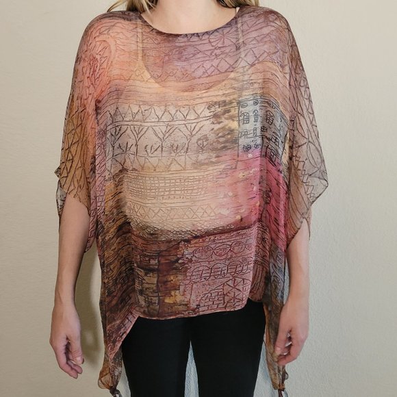 Cocoon House 100% Silk Top One Size OS Poncho Wrap Sheer Tunic Small Medium Lg - Picture 10 of 11